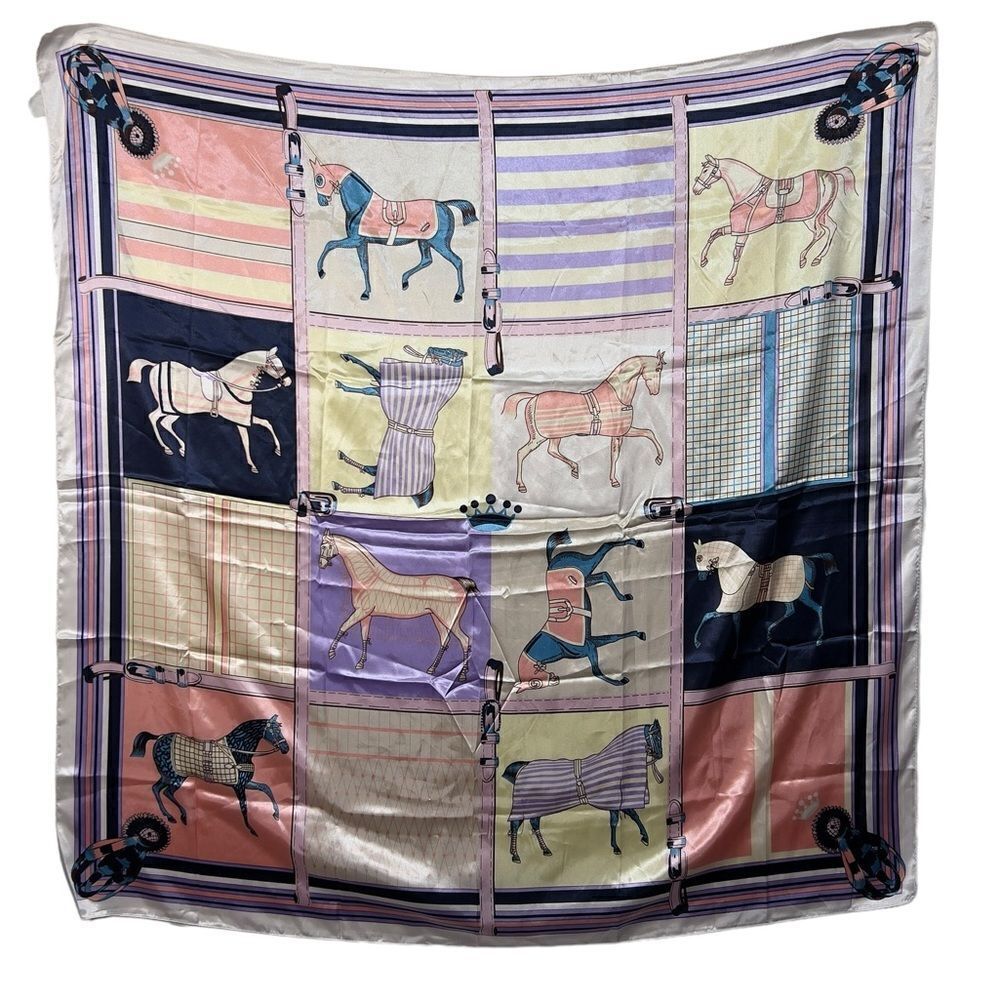 RACE HORSES Equestrian 36" Square Pastel Print Poly Satin Scarf Horse Derby‎